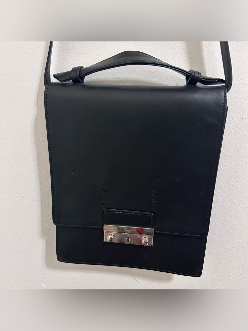Joanna Maxham Classic Black Leather Shoulder Bag Purse Silver Lock Satchel